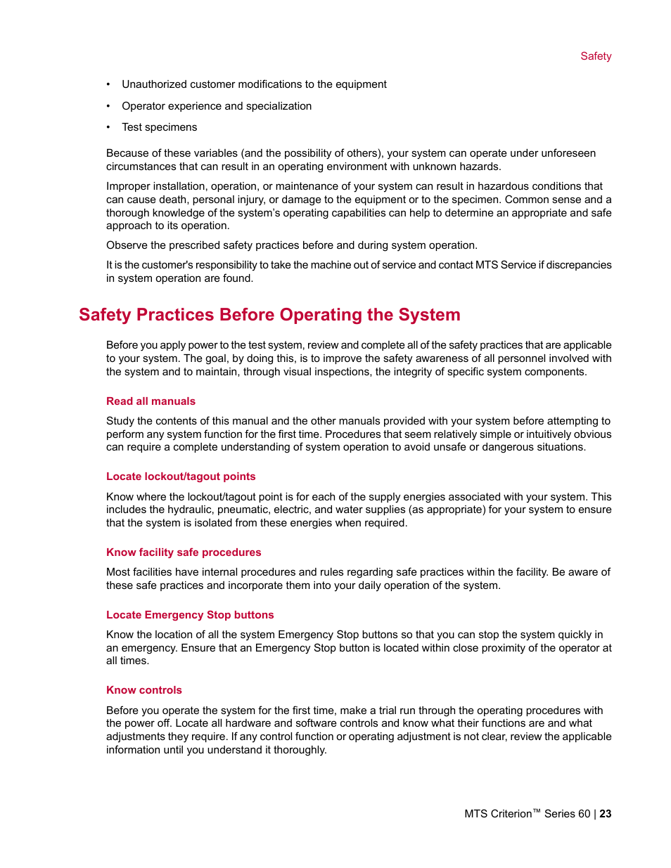Safety practices before operating the system | MTS Criterion Series 60 User Manual | Page 23 / 146