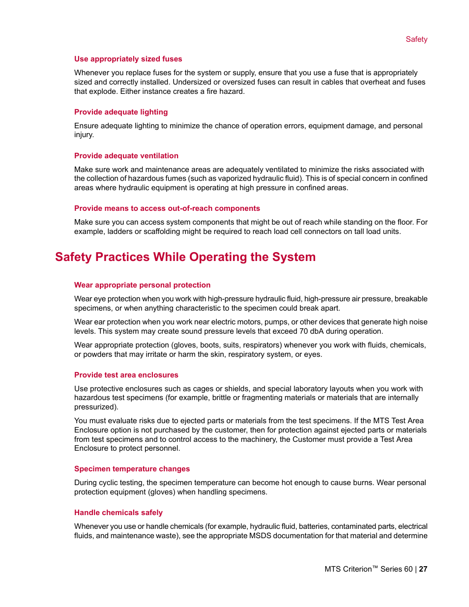 Safety practices while operating the system | MTS Criterion Series 60 User Manual | Page 27 / 146
