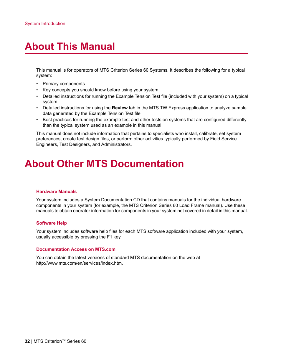 About this manual, About other mts documentation | MTS Criterion Series 60 User Manual | Page 32 / 146
