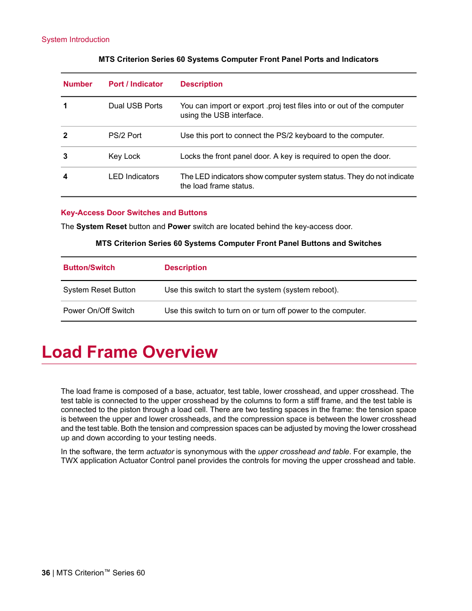 Load frame overview | MTS Criterion Series 60 User Manual | Page 36 / 146