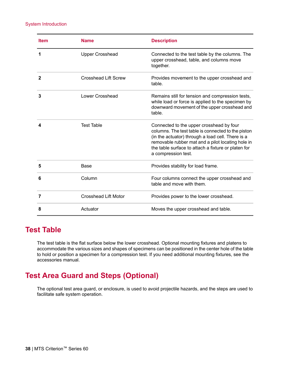 Test table, Test area guard and steps (optional) | MTS Criterion Series 60 User Manual | Page 38 / 146