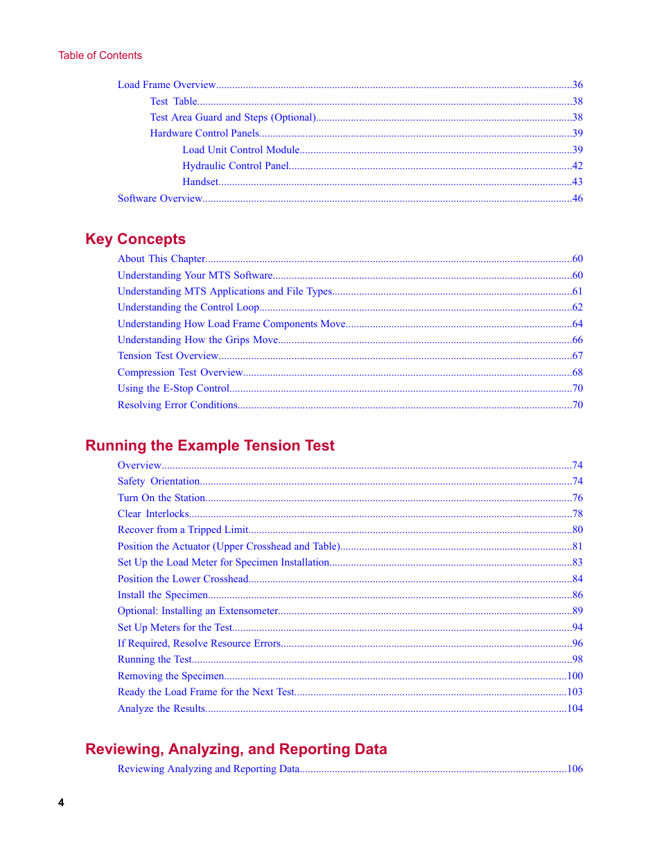 Key concepts, Running the example tension test, Reviewing, analyzing, and reporting data | MTS Criterion Series 60 User Manual | Page 4 / 146