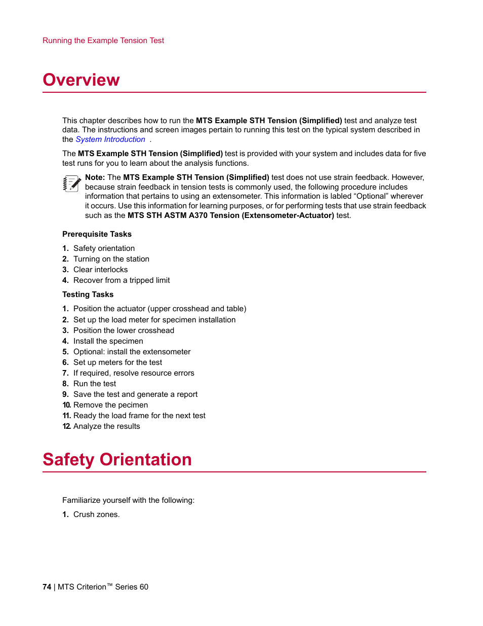 Overview, Safety orientation | MTS Criterion Series 60 User Manual | Page 74 / 146