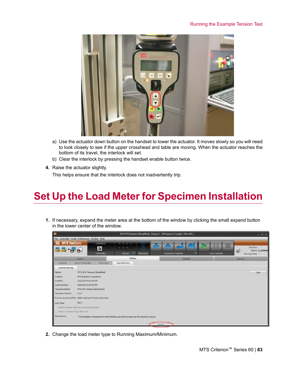 Set up the load meter for specimen installation | MTS Criterion Series 60 User Manual | Page 83 / 146