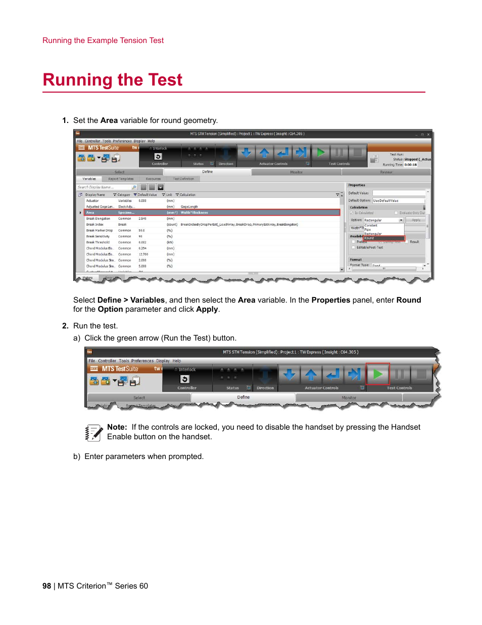 Running the test | MTS Criterion Series 60 User Manual | Page 98 / 146