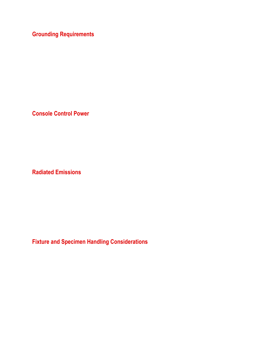 Grounding requirements, Console control power, Radiated emissions | Fixture and specimen handling considerations, Grounding requirements 10, Console control power 10, Radiated emissions 10, Fixture and specimen handling considerations 10 | MTS Landmark  Site Prep Guide User Manual | Page 10 / 34