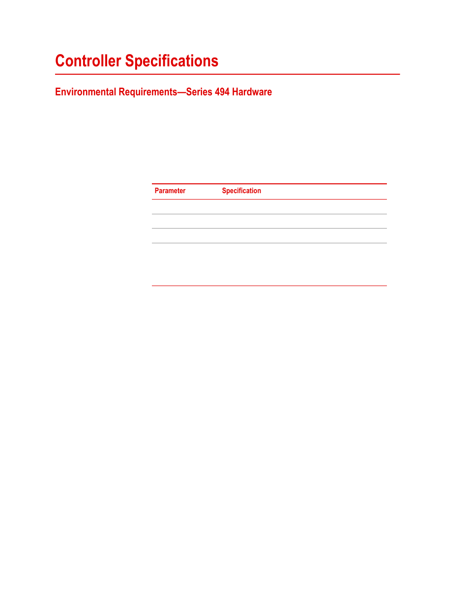 Controller specifications, Environmental requirements—series 494 hardware, Controller specifications 22 | Environmental requirements—series 494 hardware 22 | MTS Landmark  Site Prep Guide User Manual | Page 22 / 34