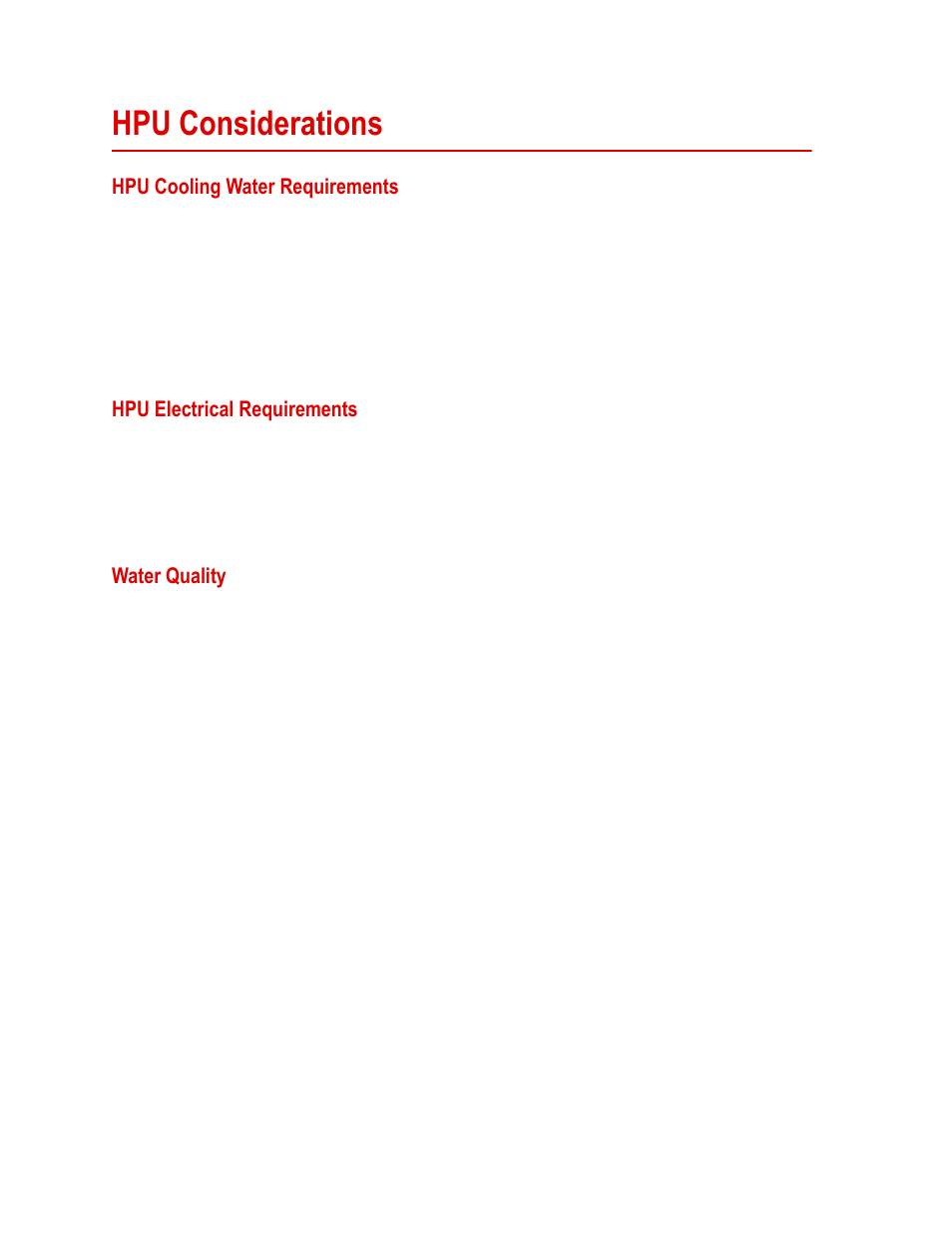 Hpu considerations, Hpu cooling water requirements, Hpu electrical requirements | Water quality, Hpu considerations 28, Hpu cooling water requirements 28, Hpu electrical requirements 28, Water quality 28 | MTS Landmark  Site Prep Guide User Manual | Page 28 / 34