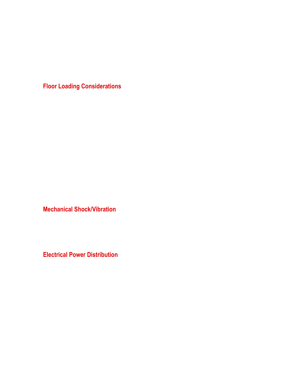 Floor loading considerations, Mechanical shock/vibration, Electrical power distribution | Floor loading considerations 9, Mechanical shock/vibration 9, Electrical power distribution 9 | MTS Landmark  Site Prep Guide User Manual | Page 9 / 34