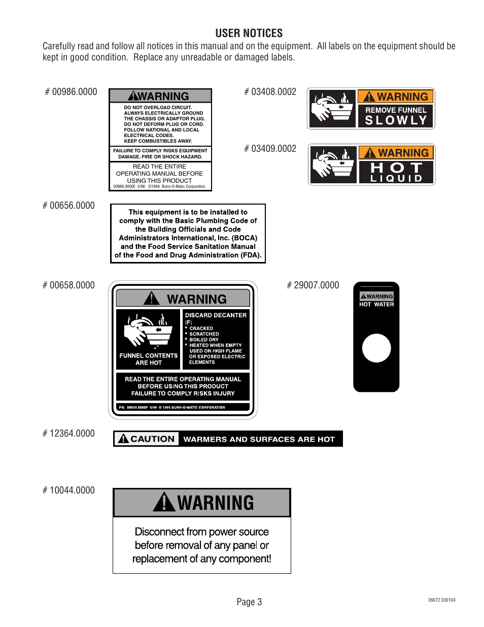 User notices, Warning | Bunn TWIN APS User Manual | Page 3 / 32