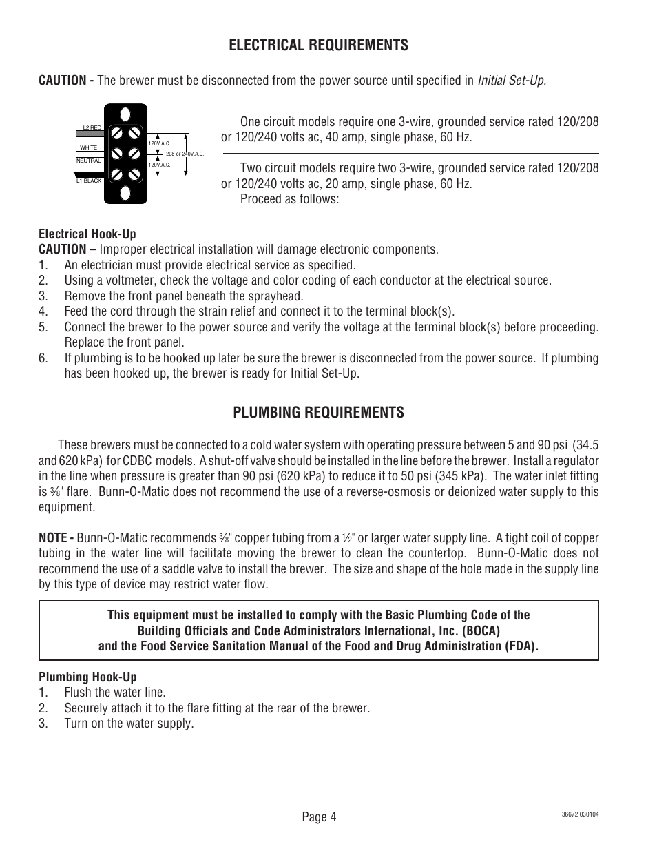 Electrical requirements, Plumbing requirements | Bunn TWIN APS User Manual | Page 4 / 32