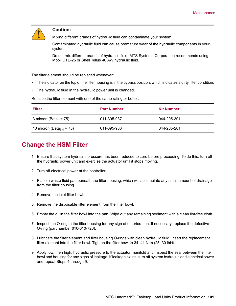 Change the hsm filter | MTS Landmark Tabletop User Manual | Page 101 / 122