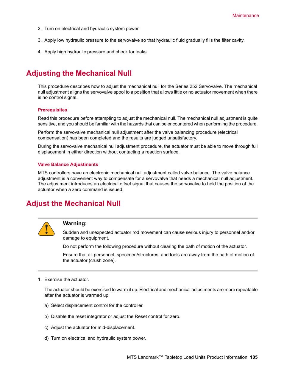 Adjusting the mechanical null, Adjust the mechanical null | MTS Landmark Tabletop User Manual | Page 105 / 122