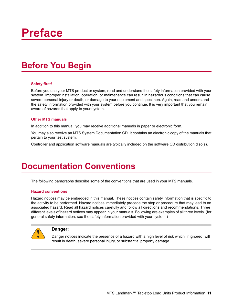 Preface, Before you begin, Documentation conventions | MTS Landmark Tabletop User Manual | Page 11 / 122