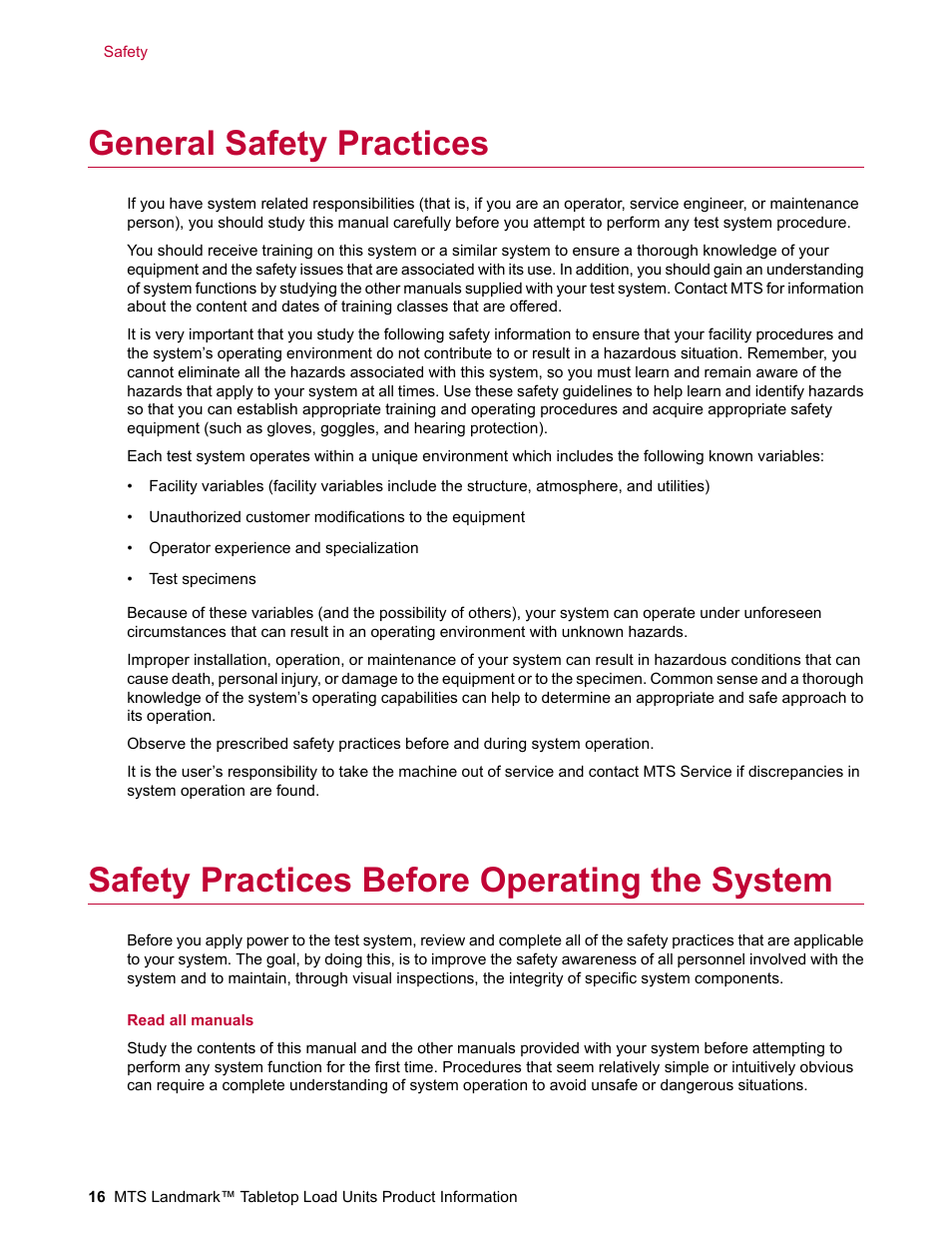 General safety practices, Safety practices before operating the system | MTS Landmark Tabletop User Manual | Page 16 / 122