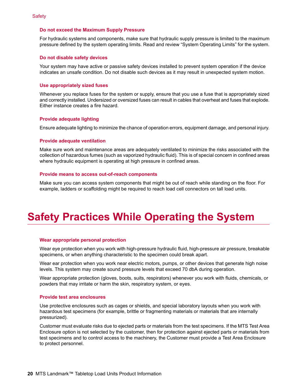 Safety practices while operating the system | MTS Landmark Tabletop User Manual | Page 20 / 122