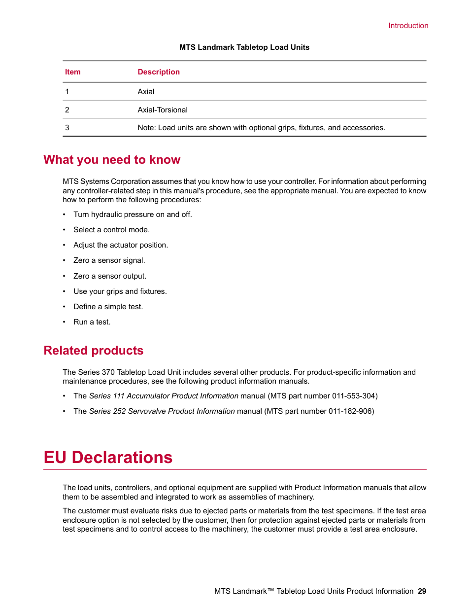 What you need to know, Related products, Eu declarations | MTS Landmark Tabletop User Manual | Page 29 / 122