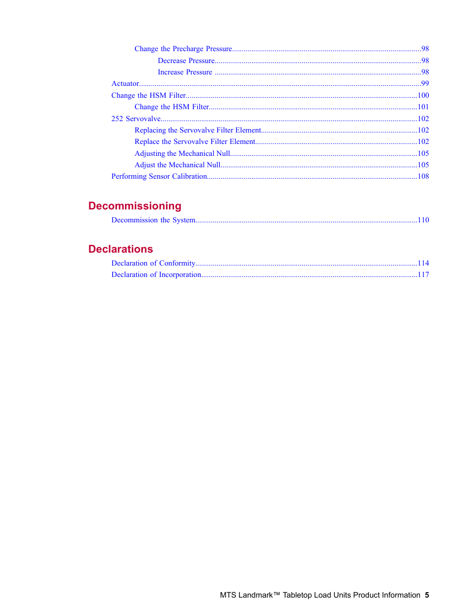 Decommissioning 109, Declarations 113 | MTS Landmark Tabletop User Manual | Page 5 / 122