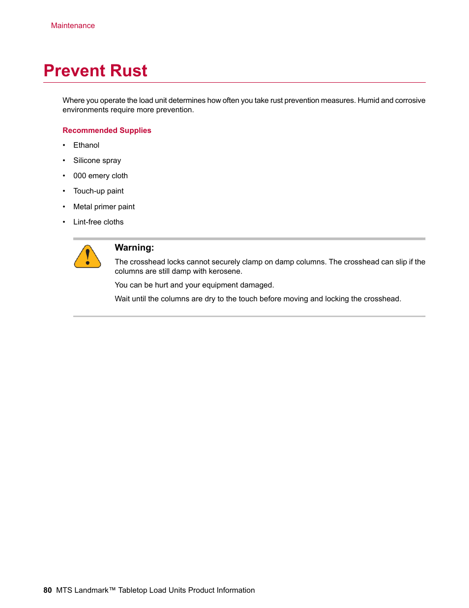Prevent rust | MTS Landmark Tabletop User Manual | Page 80 / 122