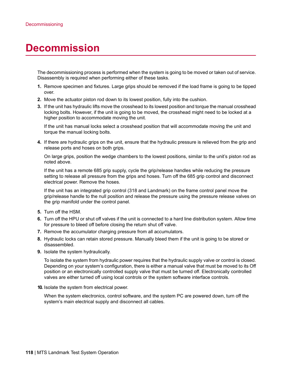 Decommission | MTS Landmark System User Manual | Page 118 / 126