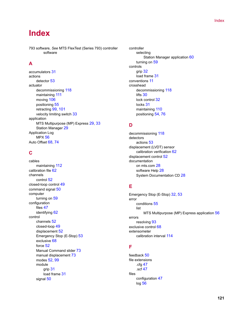 Index | MTS Landmark System User Manual | Page 121 / 126