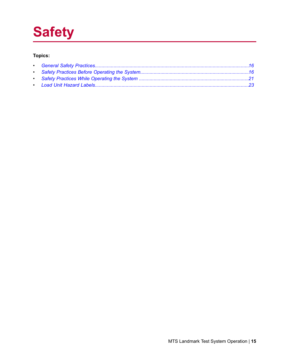 Safety | MTS Landmark System User Manual | Page 15 / 126