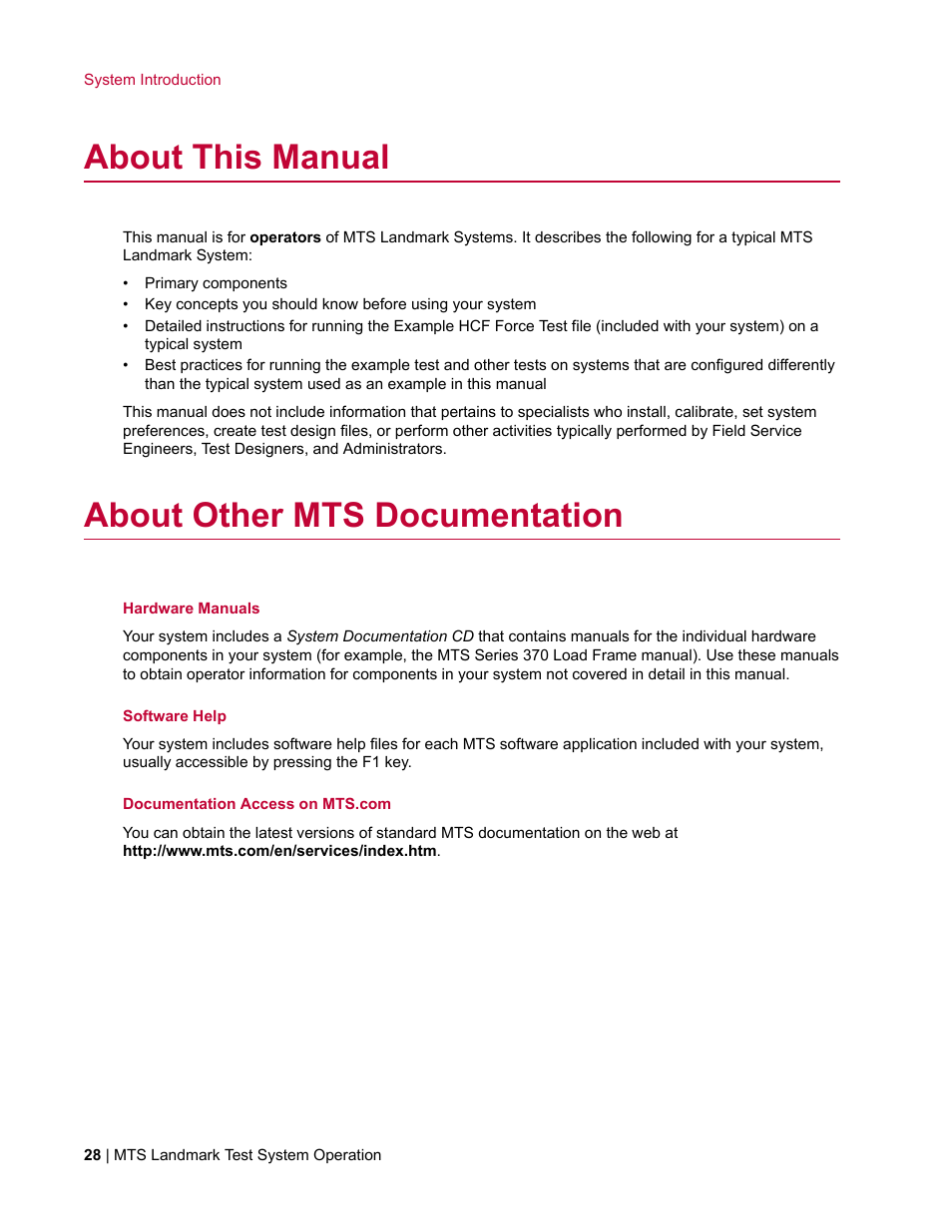 About this manual, About other mts documentation | MTS Landmark System User Manual | Page 28 / 126