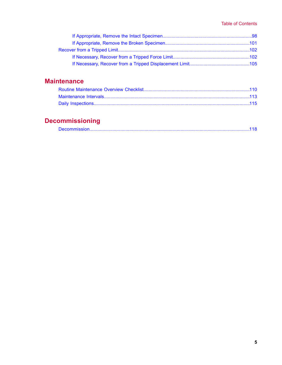 Maintenance, Decommissioning | MTS Landmark System User Manual | Page 5 / 126