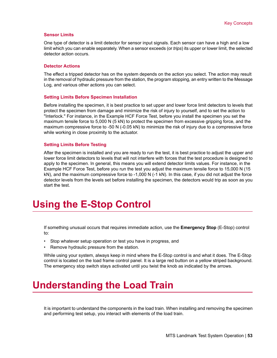 Using the e-stop control, Understanding the load train | MTS Landmark System User Manual | Page 53 / 126