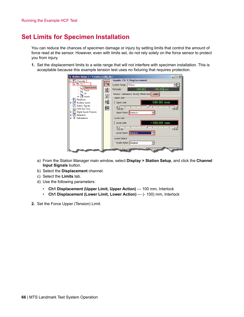 Set limits for specimen installation | MTS Landmark System User Manual | Page 66 / 126