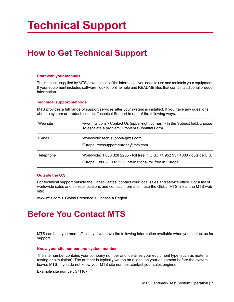 Technical support, How to get technical support, Before you contact mts | MTS Landmark System User Manual | Page 7 / 126