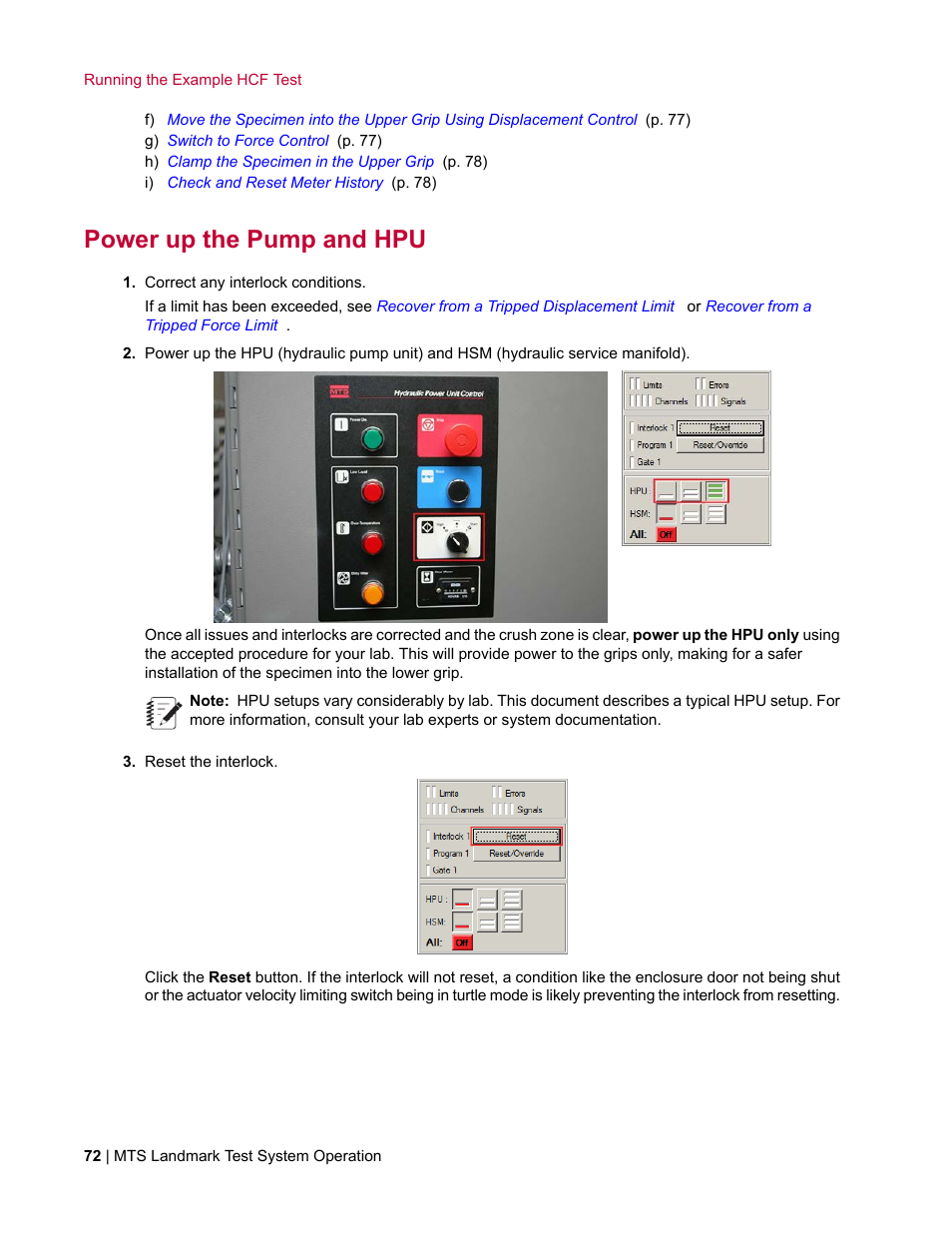 Power up the pump and hpu | MTS Landmark System User Manual | Page 72 / 126