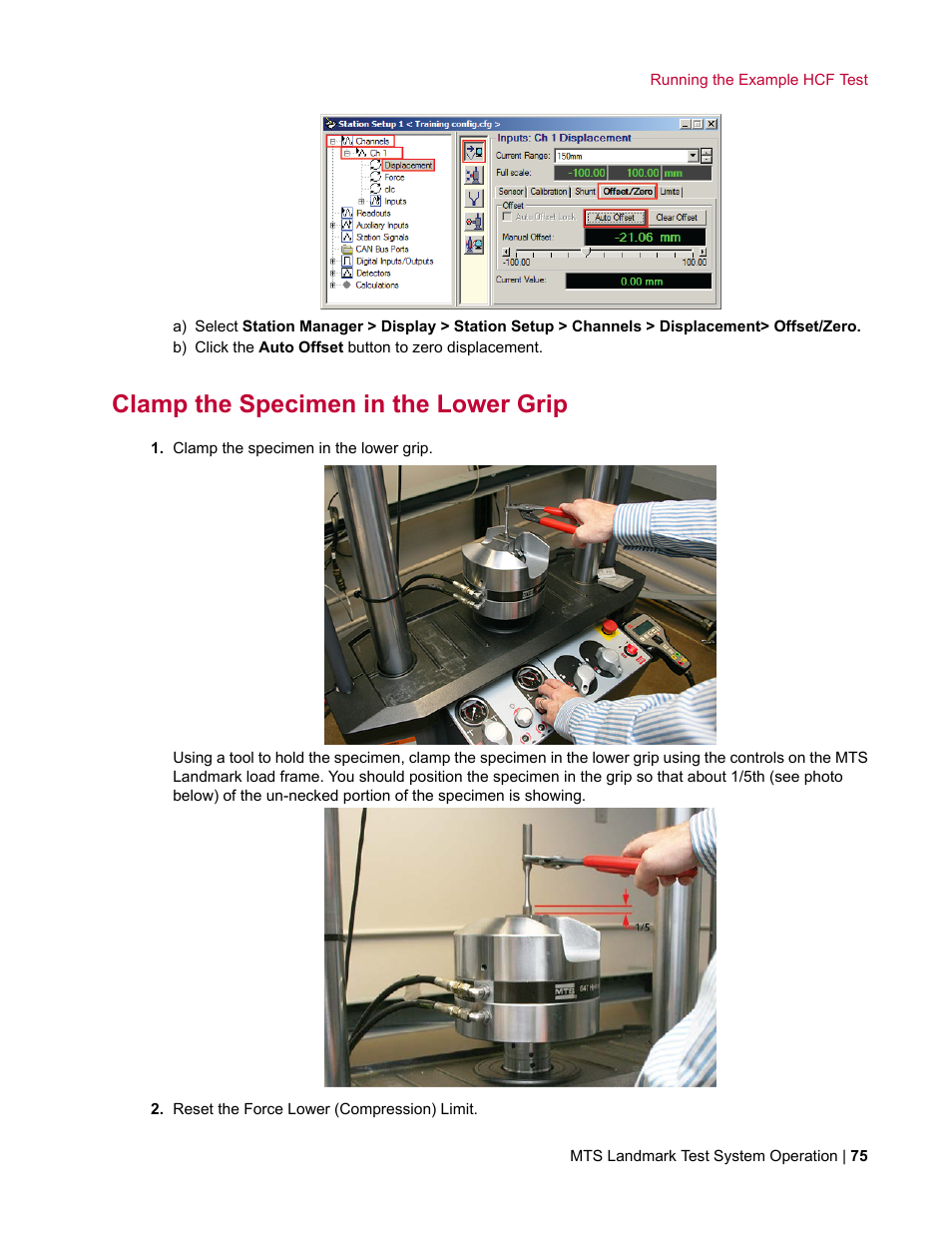 Clamp the specimen in the lower grip | MTS Landmark System User Manual | Page 75 / 126