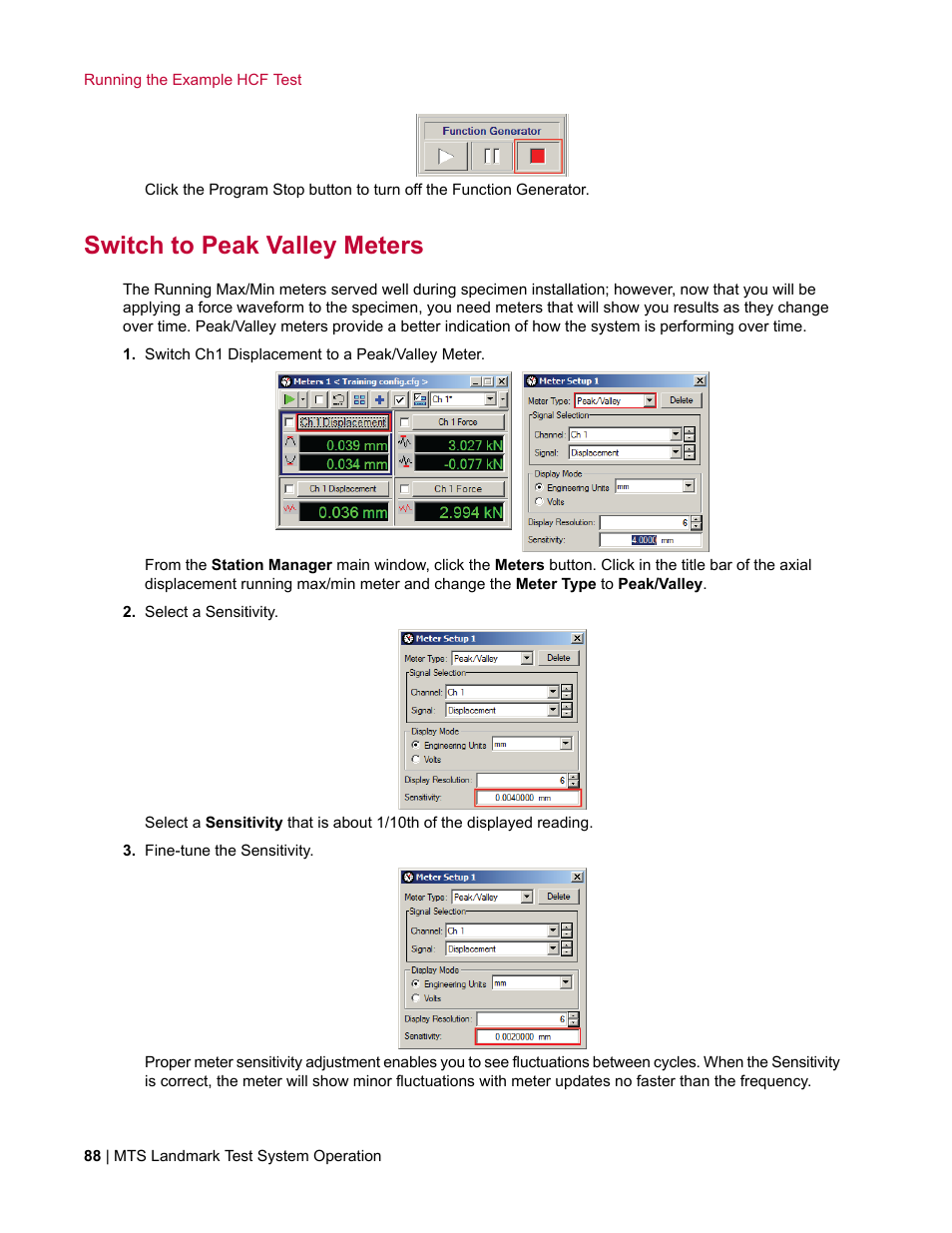 Switch to peak valley meters | MTS Landmark System User Manual | Page 88 / 126