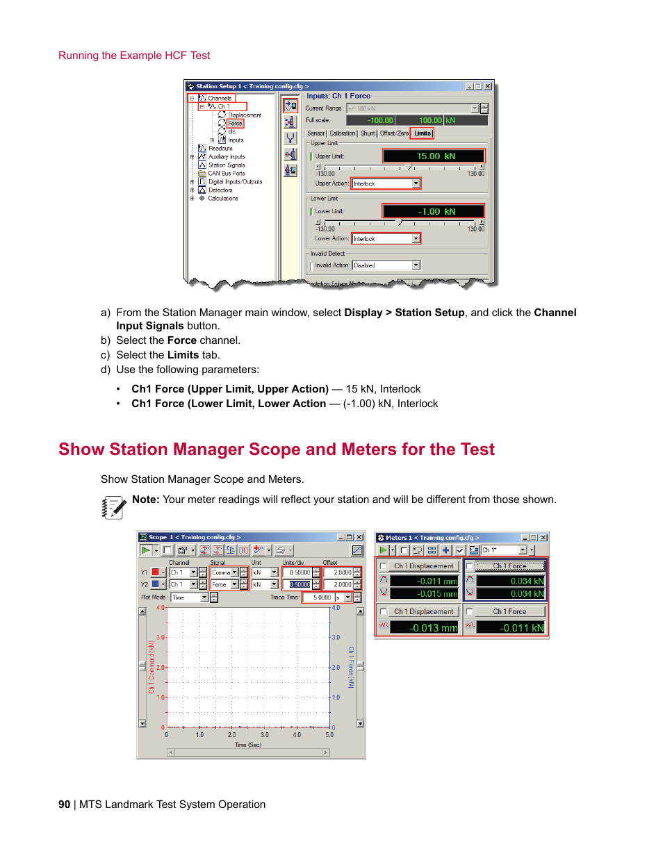 Show station manager scope and meters for the test | MTS Landmark System User Manual | Page 90 / 126