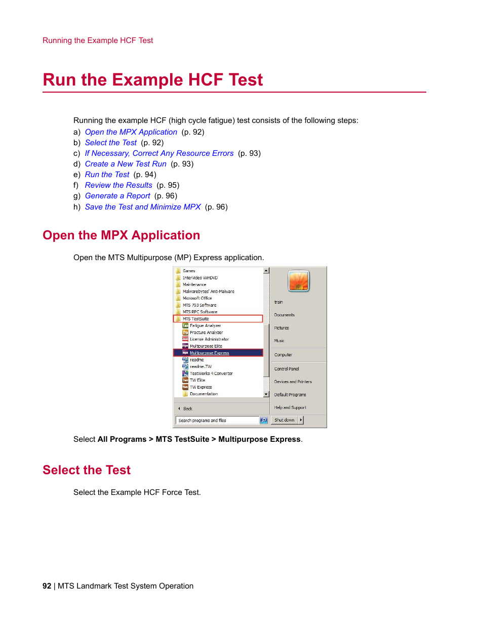 Run the example hcf test, Open the mpx application, Select the test | MTS Landmark System User Manual | Page 92 / 126