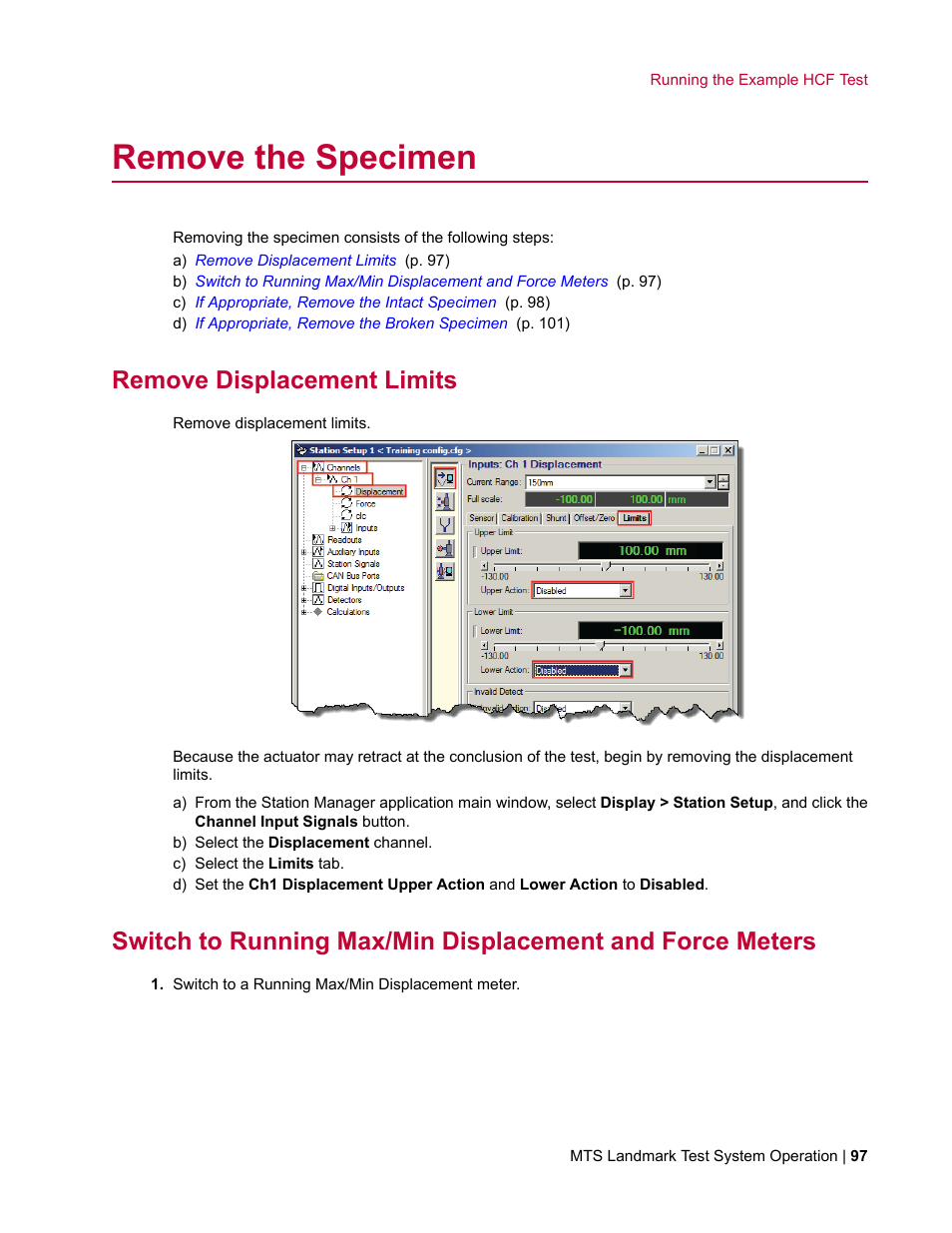 Remove the specimen, Remove displacement limits | MTS Landmark System User Manual | Page 97 / 126