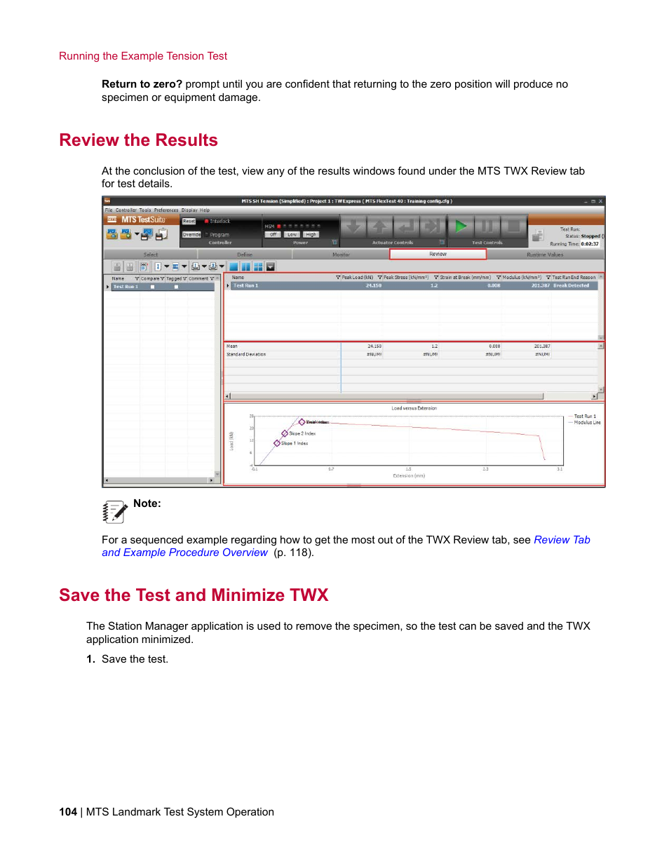 Review the results, Save the test and minimize twx | MTS Landmark TWX User Manual | Page 104 / 162