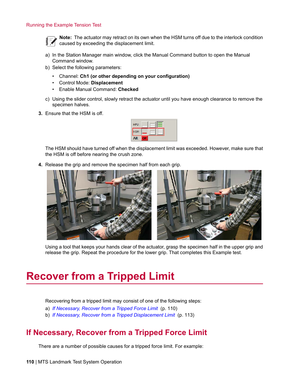 Recover from a tripped limit, If necessary, recover from a tripped force limit, If necessary, recover from a tripped | Force limit | MTS Landmark TWX User Manual | Page 110 / 162