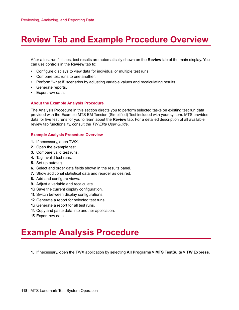 Review tab and example procedure overview, Example analysis procedure | MTS Landmark TWX User Manual | Page 118 / 162