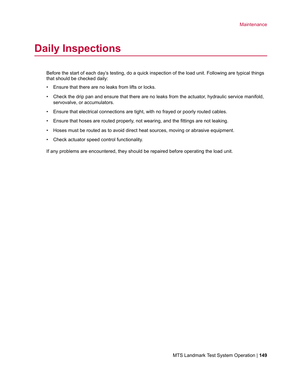Daily inspections | MTS Landmark TWX User Manual | Page 149 / 162