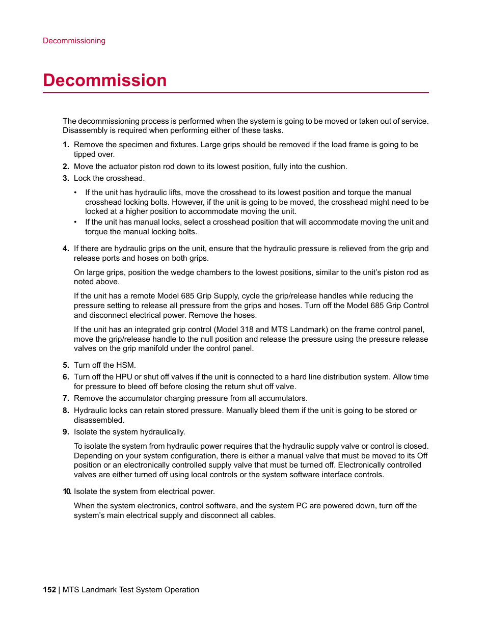 Decommission | MTS Landmark TWX User Manual | Page 152 / 162