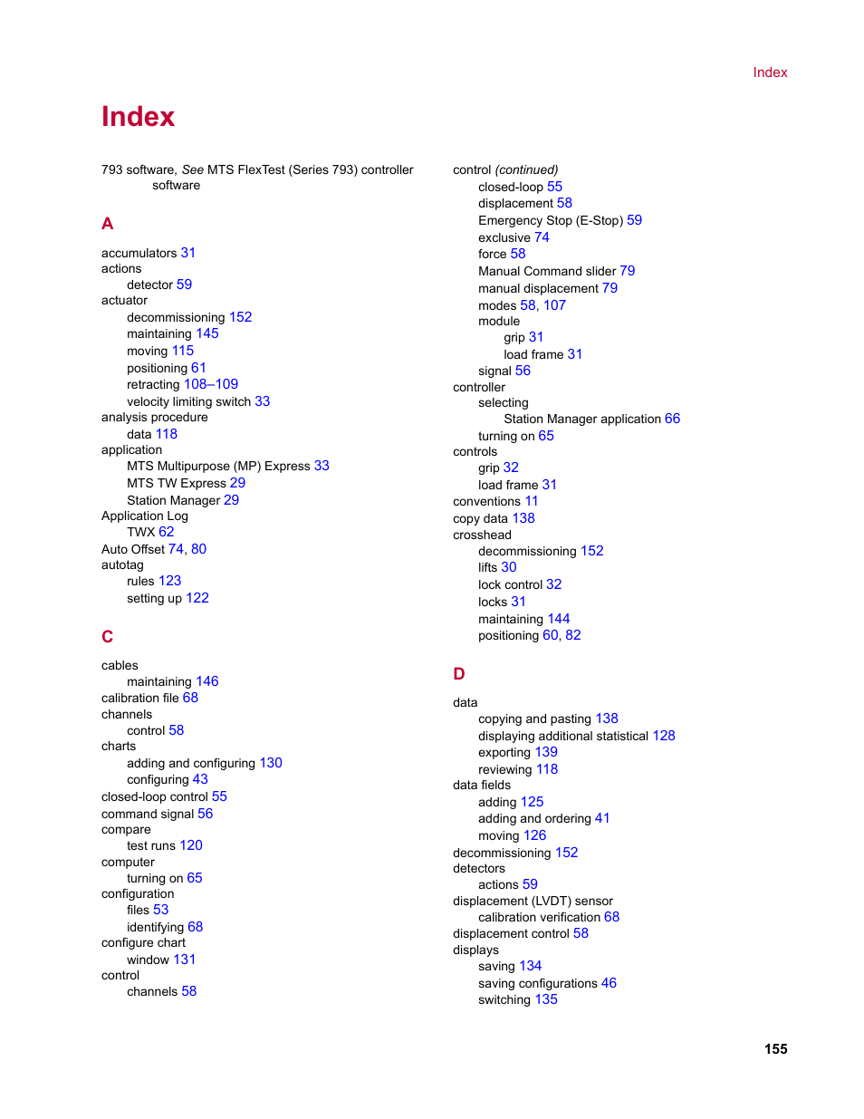 Index | MTS Landmark TWX User Manual | Page 155 / 162