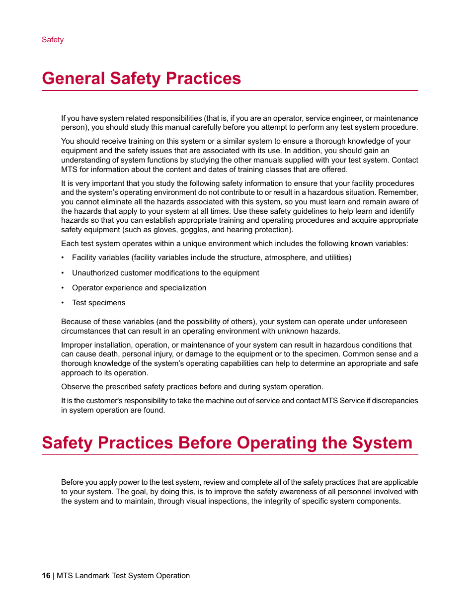 General safety practices, Safety practices before operating the system | MTS Landmark TWX User Manual | Page 16 / 162