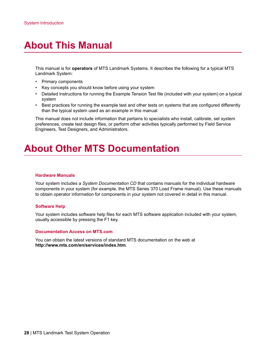 About this manual, About other mts documentation | MTS Landmark TWX User Manual | Page 28 / 162