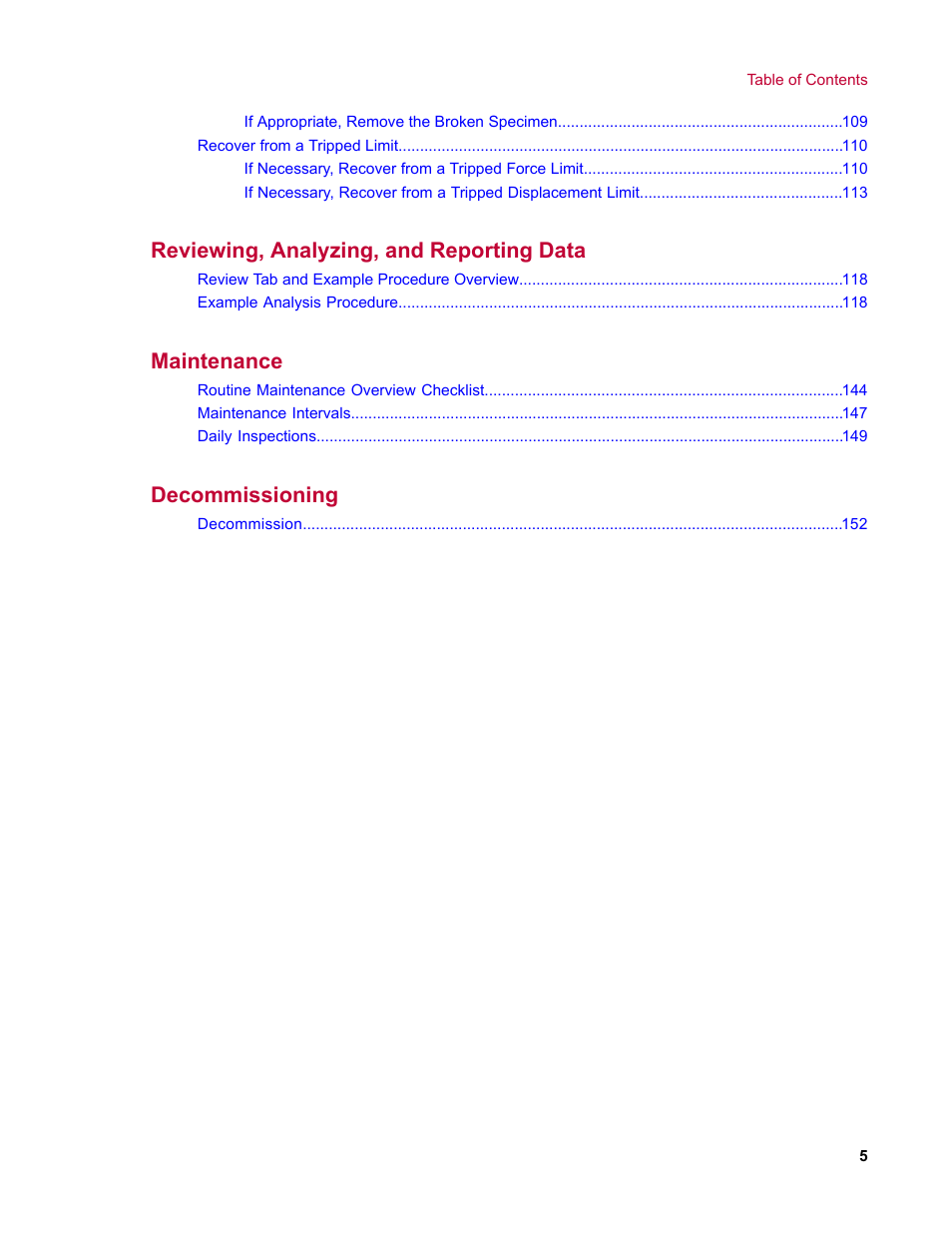 Reviewing, analyzing, and reporting data, Maintenance, Decommissioning | MTS Landmark TWX User Manual | Page 5 / 162
