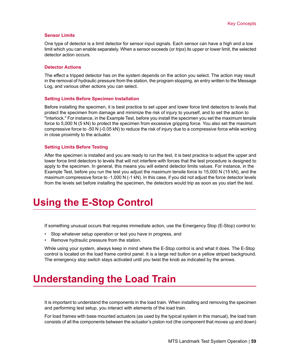 Using the e-stop control, Understanding the load train | MTS Landmark TWX User Manual | Page 59 / 162