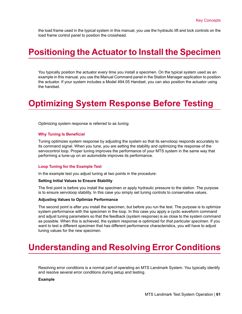 Positioning the actuator to install the specimen, Optimizing system response before testing, Understanding and resolving error conditions | MTS Landmark TWX User Manual | Page 61 / 162
