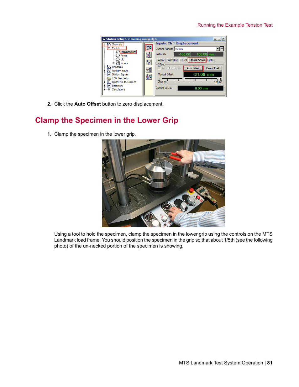 Clamp the specimen in the lower grip | MTS Landmark TWX User Manual | Page 81 / 162