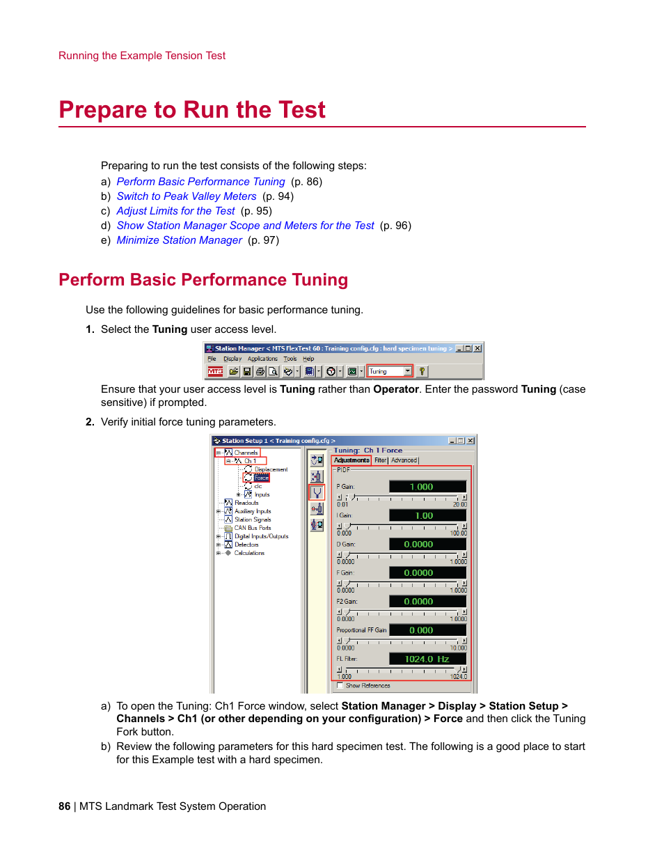Prepare to run the test, Perform basic performance tuning | MTS Landmark TWX User Manual | Page 86 / 162